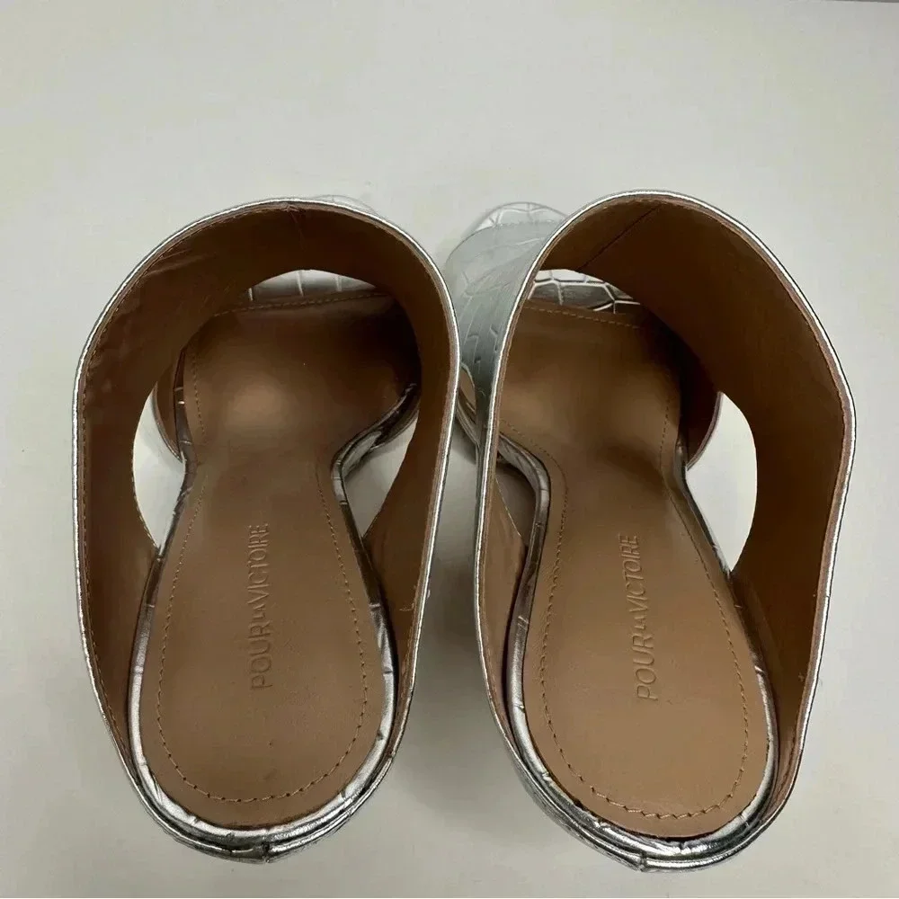 Pour La Victoire Silver Crocodile Slip-On Open Toe Heels Size 6